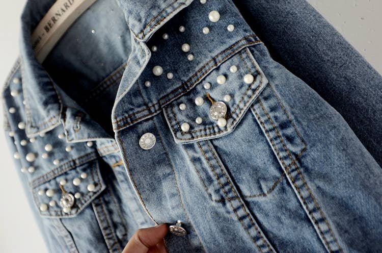 Pearl Studded Vintage Denim Jacket