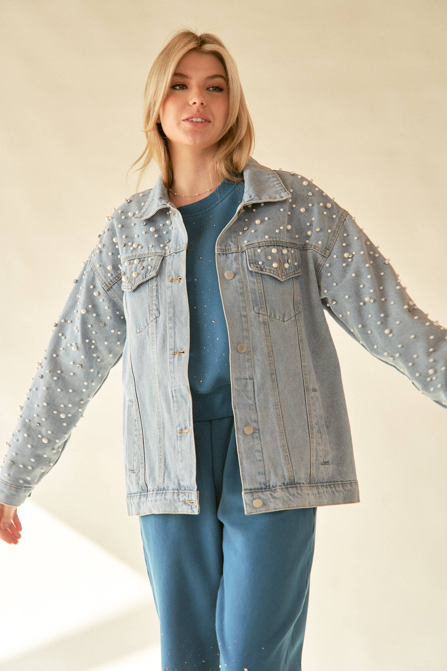 Pearl & Diamond Embellished Denim Jacket
