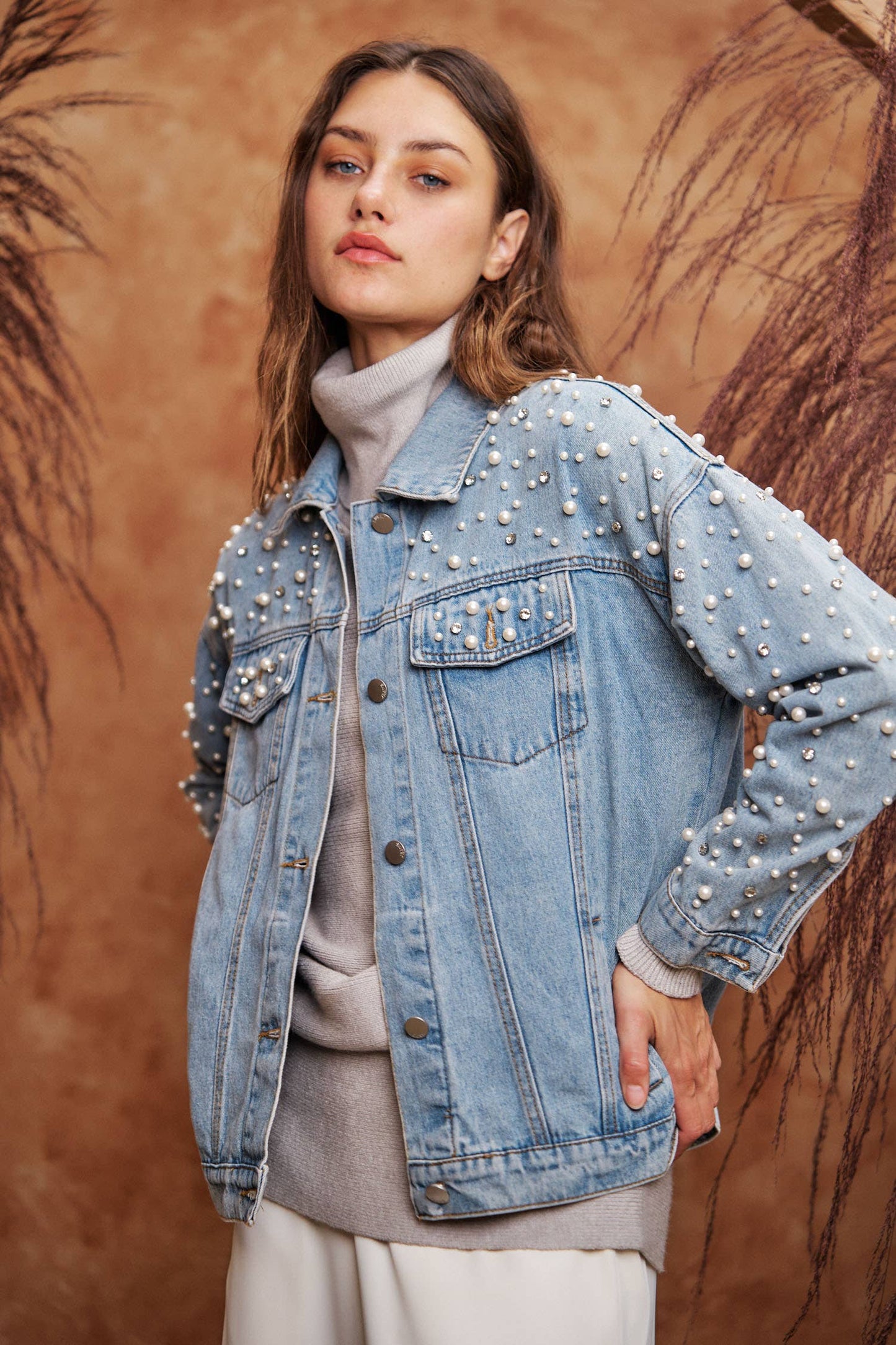 Pearl & Diamond Embellished Denim Jacket