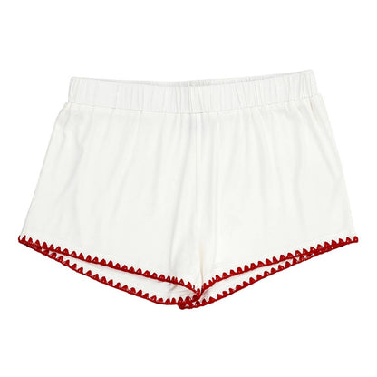 Short Bamboo PJ Set - White + Burgundy Whip Stitch