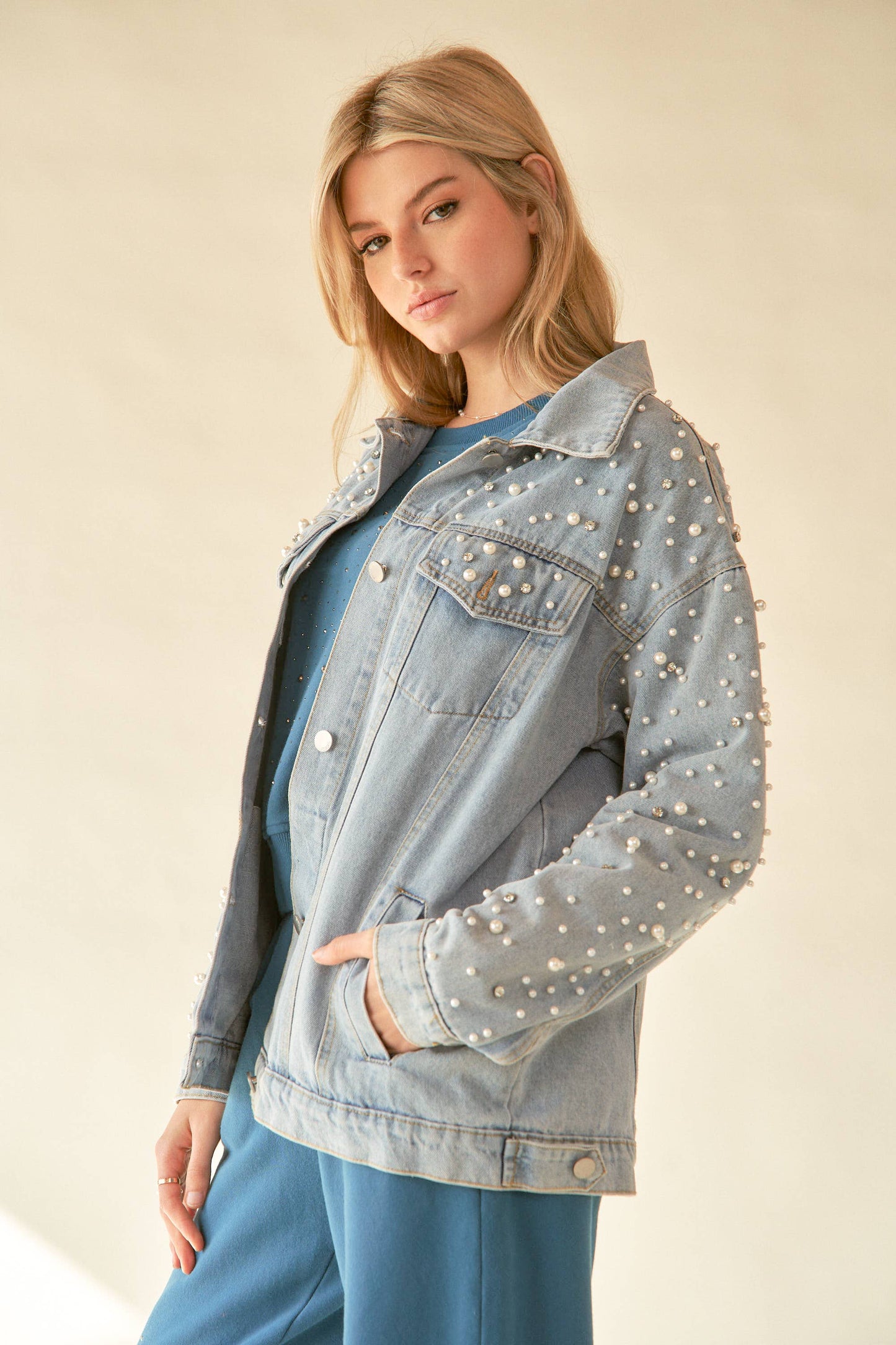Pearl & Diamond Embellished Denim Jacket
