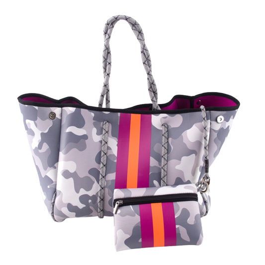 Neoprene Tote - Gray Camo/Pink Stripe