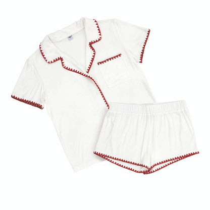 Short Bamboo PJ Set - White + Burgundy Whip Stitch